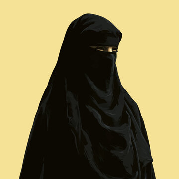 A woman wearing a traditional black niqab stands alone indoors facing forward.