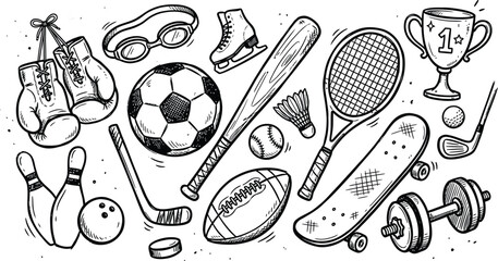 collection of sports equipment and icons in black and white © Icon Set