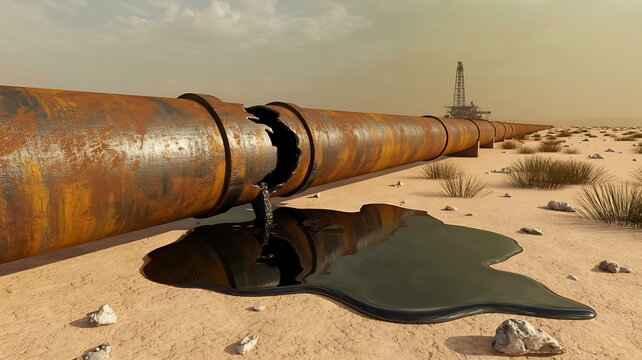 Leaking oil pipeline in desert with environmental pollution and industrial disaster concept