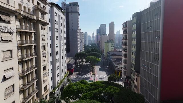 Duque De Caxias Avenue In Sao Paulo Brazil. Bustling Downtown Cityscape With Modern Buildings. Landmark Town. District Skyline. Sao Paulo Brazil.