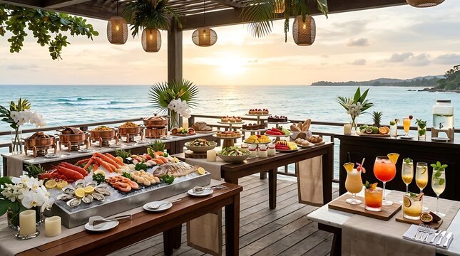 Delicious breakfast buffet with fresh food and cold drinks served on a tropical beach at sunrise. seaside buffet setup