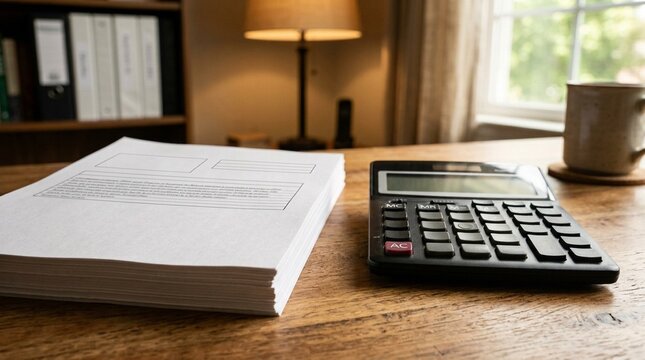 Stack of Blank Home-equity-line Statements Resting beside a Calculator on a Home Office Desk, Warm Afternoon Light Filling the Room