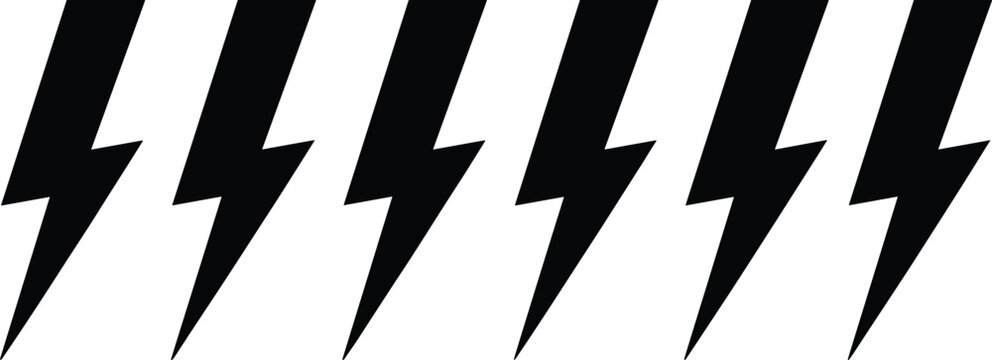 Black lightning bolt silhouettes vector set with thunderbolt icons and electricity power flash pattern design elements