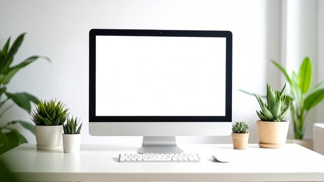 Modern Minimalist Home Office Workspace with White Desktop Computer and Green Plants on Isolated White Background