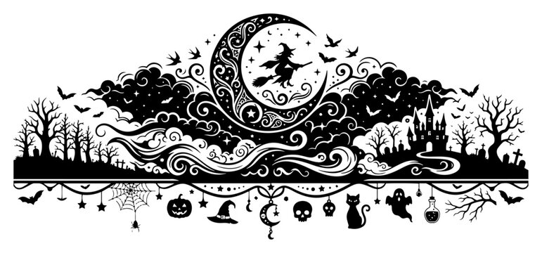 Ornate halloween border with witch moon and spooky elements in decorative silhouette style