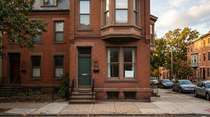 Fototapeta premium Brick Rowhouse in an Urban Neighborhood with a Small Blank for Sale by Owner Sign Taped to the Front Window, Soft Afternoon City Light
