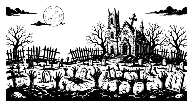 Haunted cathedral and graveyard landscape with zombie hands in detailed line art style