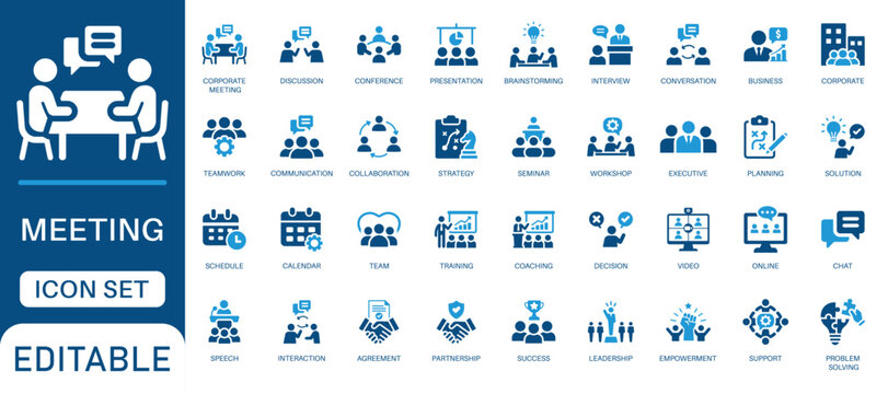 Meeting icon set. Featuring corporate meeting, discussion, business training, strategy planning, teamwork, brainstorming, and online video interview. Solid vector icons for meeting and presentations.