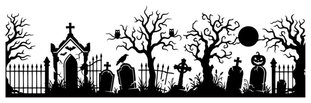 Graveyard panorama with tombstones spooky trees and full moon in halloween silhouette style