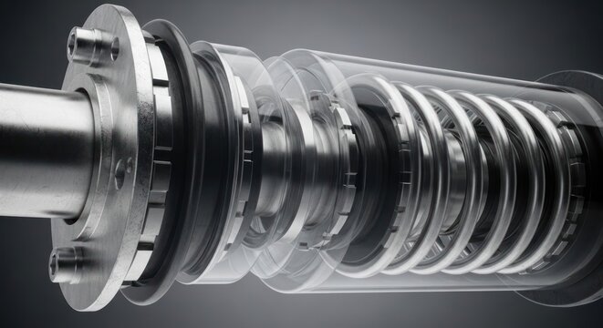 Close-up view of a mechanical shock absorber with visible spring and piston.