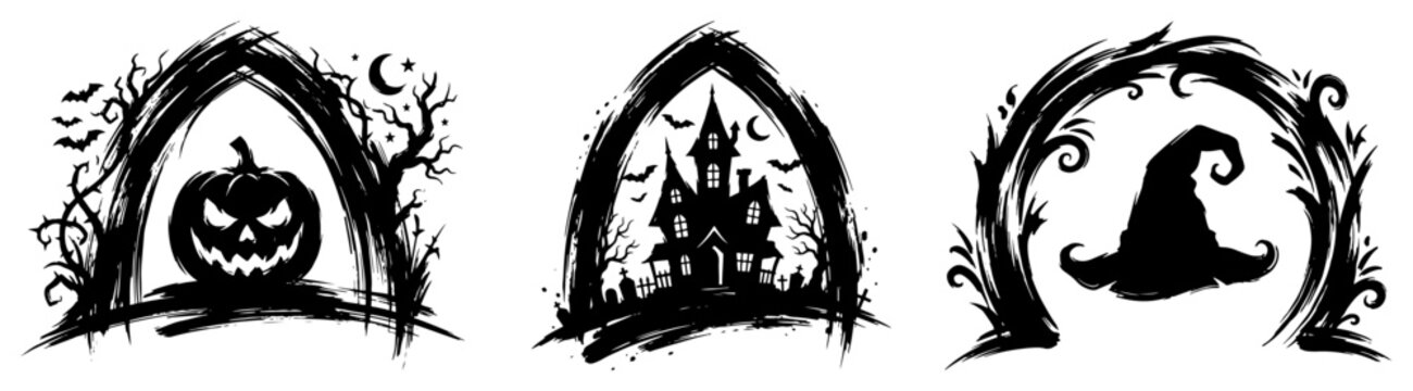 Halloween vignettes with pumpkin haunted house and witch hat in sketchy ink style