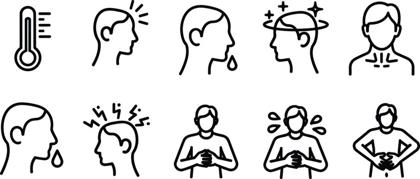 Medical outline icon set representing various sickness symptoms like fever headache dizziness nausea sweating and stomach pain