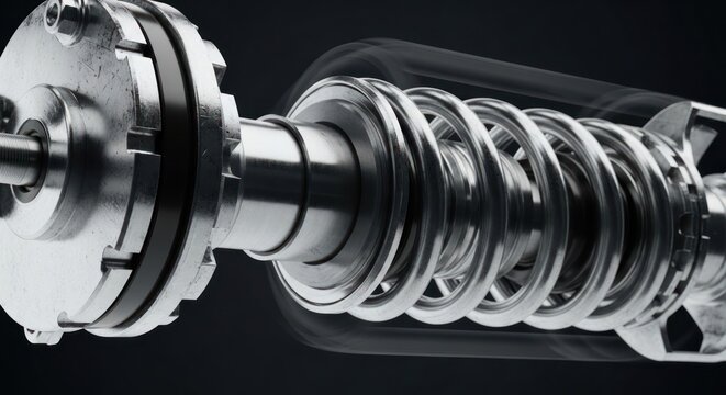 Close-up view of a metallic shock absorber mechanism with a coiled spring.