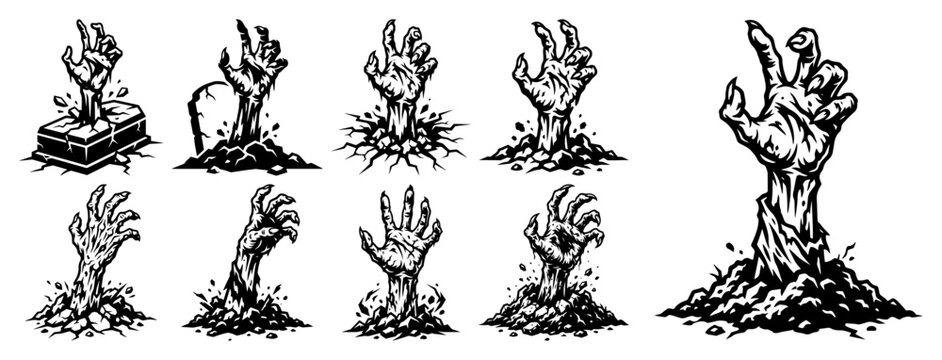 Zombie hands rising from ground in detailed ink engraving style