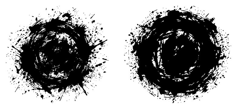 Black ink splatter circles with distressed grunge textures in abstract paint style