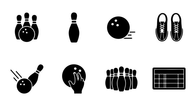 Bowling Icons Set, Sport Vector Graphics, Pins, Ball, Shoes, Scoreboard, Game Elements