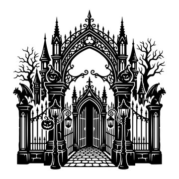 Grand gothic gate entrance with pumpkin arch and lanterns in spooky halloween style