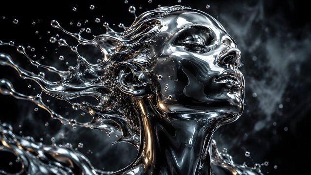Woman's face with flowing water, dramatic profile view