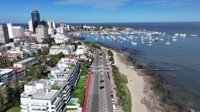 Punta Del Este Skyline In Punta Del Este Maldonado Uruguay. Turquoise Ocean Waves Gently Crashing On Tropical Beach. Landmark Town. District Skyline. Punta Del Este Maldonado.