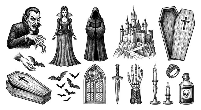 Halloween vampire character set with castle, coffin and bat vintage