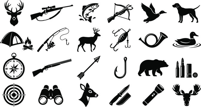 Hunting icons showcase various gear and wildlife like deer, birds, and bears.