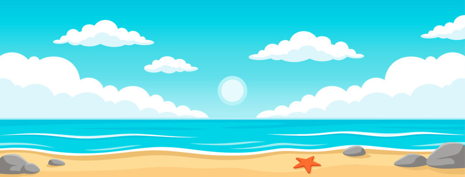 Summer beach landscape with ocean wave sand sun cloud and rock