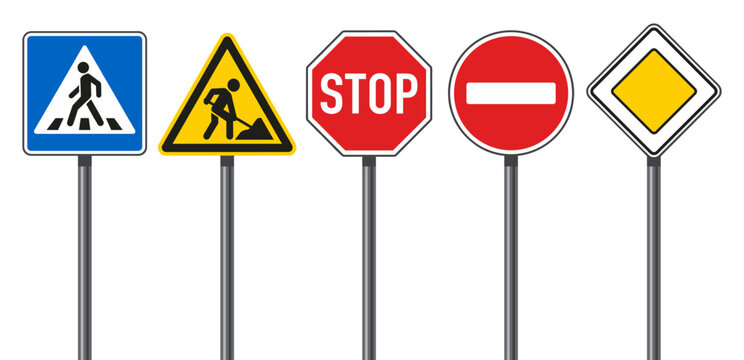Traffic road sign set with stop warning and priority pole