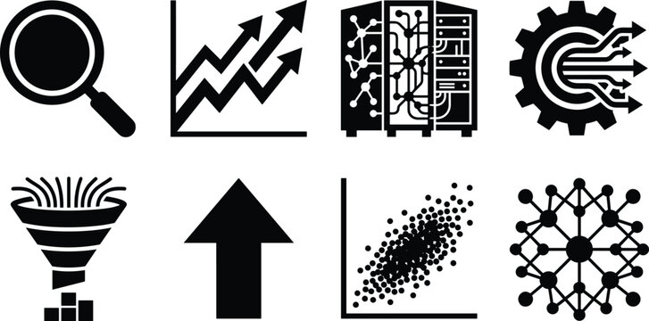 Big data science and web analytics black silhouette icon set isolated on white background vector illustration