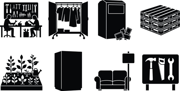 Circular economy and zero waste elements silhouette icon set for sustainable lifestyle and recycling concepts