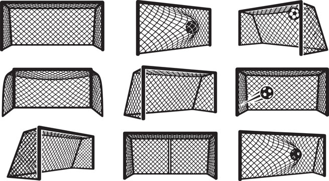 Soccer Goal Nets, Football Net Templates, Vector Soccer Goals, Sports Equipment Icons isolated on Transparent Background