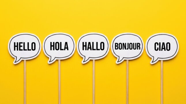 Five speech bubbles with different language greetings hello, hola, hallo, bonjour, ciao on yellow background.