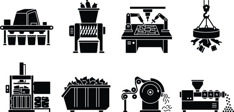 Industrial Recycling Machinery and Waste Management Processing Equipment Black Silhouette Icon Set