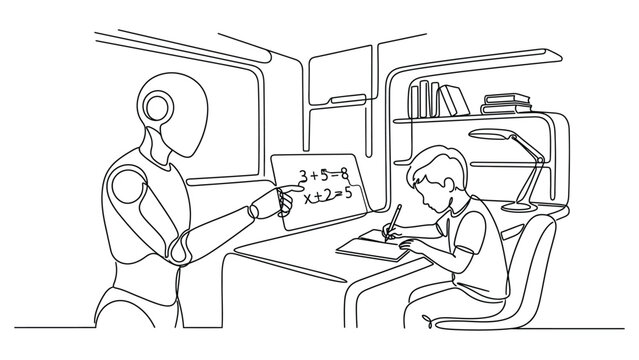 Continuous line drawing of a robot tutoring a young student in mathematics