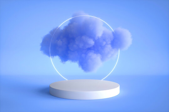 Minimal podium platform with floating cloud and neon ring