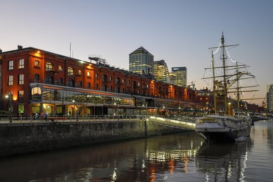 Museum ship ARA Uruguay in the harbour district of Puerto Madero in the evening, Buenos Aires, Argentina