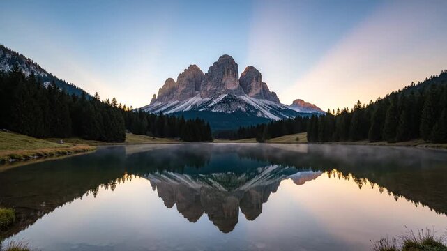 Alpine mountain lake reflection at sunset with forest.