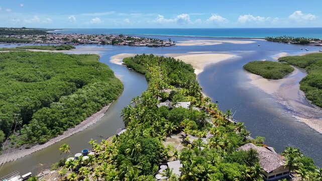 Mangrove Skyline In Porto Seguro Bahia Brazil. Turquoise Lagoons And Sand Dunes Creating Inspiring Landscape. Beach Landscape. Summer Backgrounds. Porto Seguro Bahia.