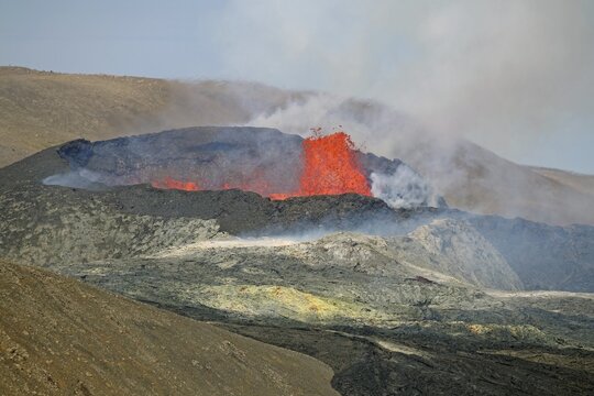 Lava fountains and volcanic craters, Fagradalsfjall, Rekyjanes, Iceland