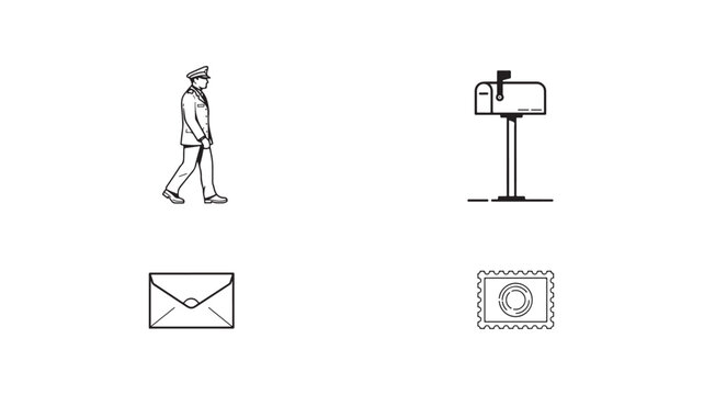 Black and white illustration set of postal service elements with mailman and mailbox