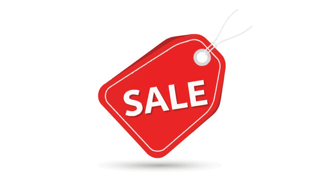 Red sale tag with white text.