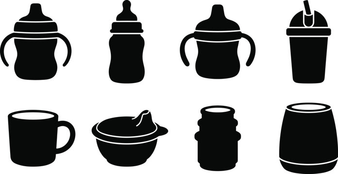 Baby Bottles and Feeding Cups Silhouette Icon Set for Infant Nutrition and Toddler Drinkware Design