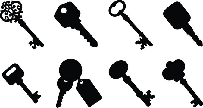 Set of black key silhouettes including modern house keys and vintage ornate skeleton keys on white background