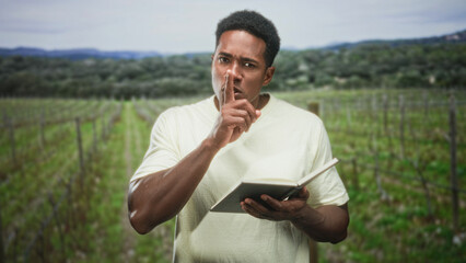 Obraz premium Man holds an open book and presses finger to lips for silence in a vineyard forest near rolling hills; quiet contemplation.