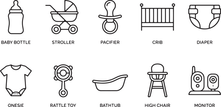 Minimalist baby care line icons set, 10 nursery essentials vector collection, black thin stroke infant equipment symbols for parenting apps