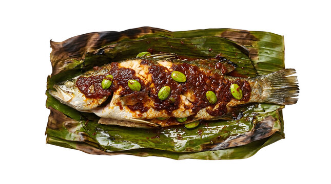 Ikan Bakar Petai, traditional Malaysian and Indonesian grilled fish coated in spicy red sambal with bitter beans, served on a banana leaf isolated on a solid white background