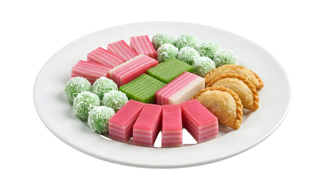 Jajanan Pasar traditional Indonesian colorful market snack assortment featuring layered kue lapis klepon, and crispy pastel pastry on a plate isolated on a solid white background
