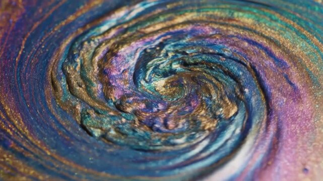 Abstract macro close-up of iridescent holographic liquid pattern forming a spiral vortex, featuring vibrant blue, magenta and gold metallic textures in a fluid swirling motion.