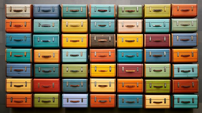 Colorful collection of vintage suitcases stacked together
