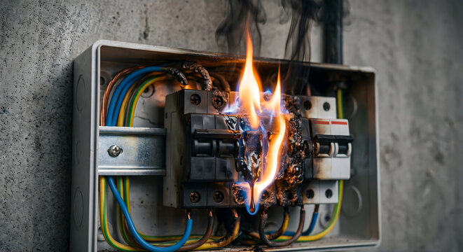 A close-up of a burning electrical fuse box on a concrete wall with flames and smoke, indicating a dangerous malfunction.