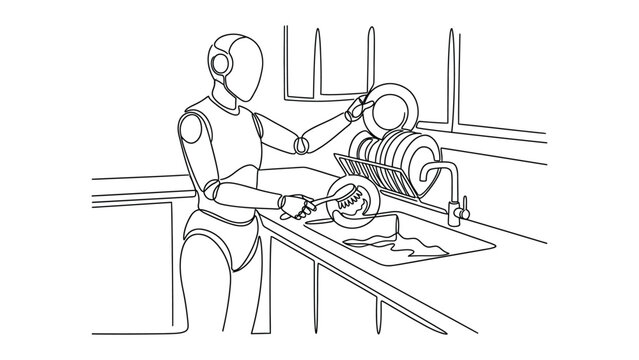 A line art illustration of an advanced humanoid robot washing dishes in a kitchen